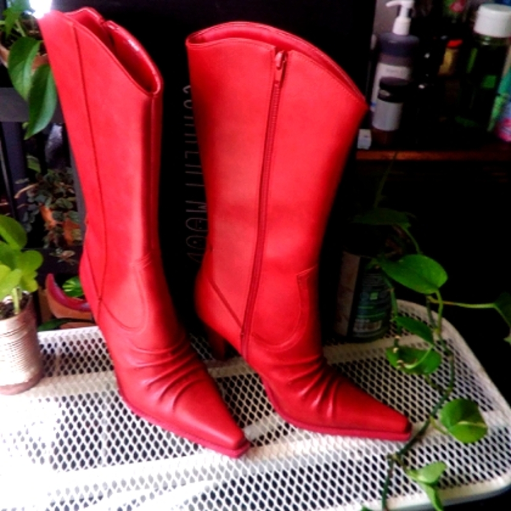 Dolls Kill Red Pointed-Toe Mid-Calf Heeled Boots - Picture 2 of 16